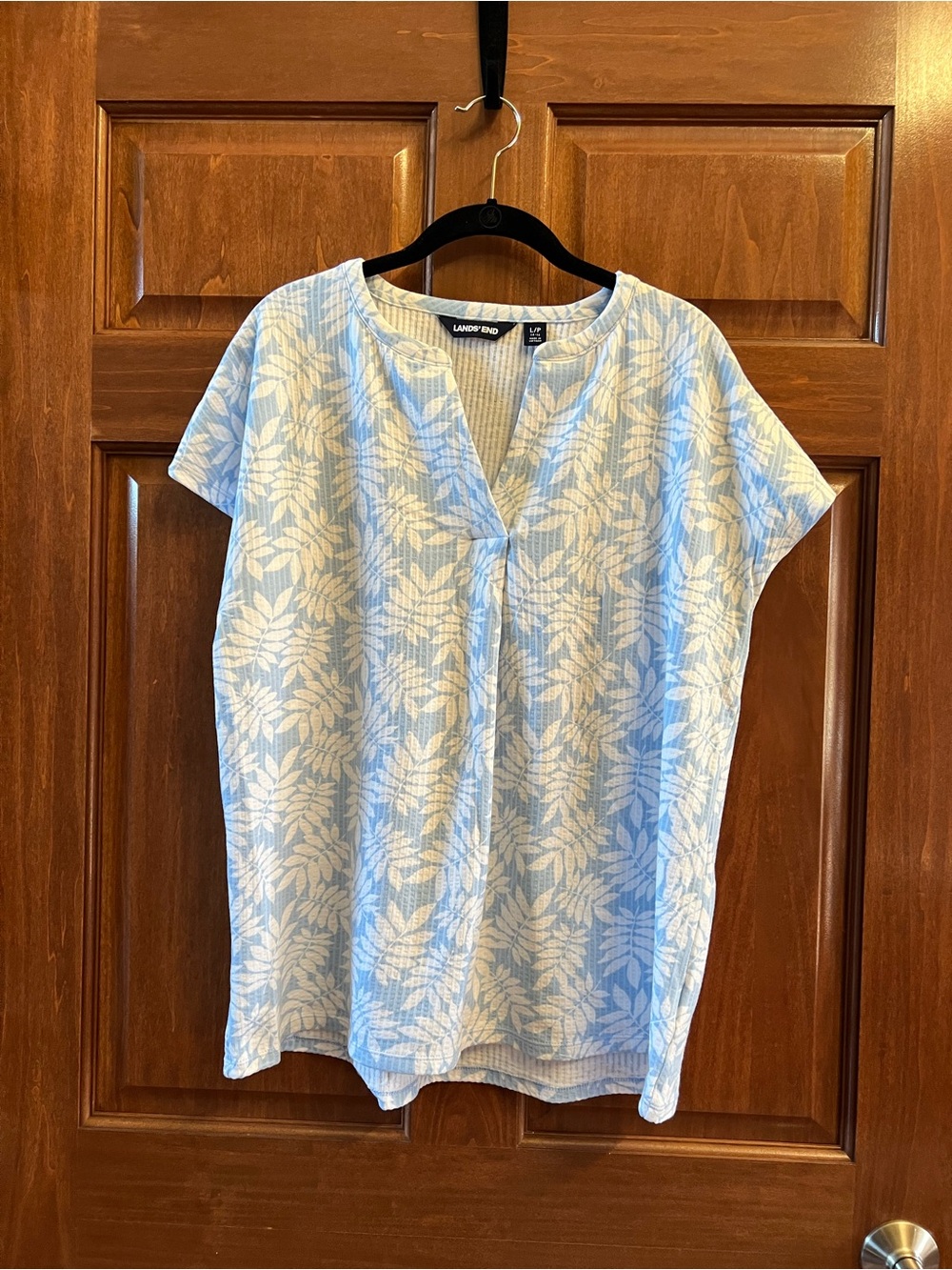 Lands' End Top Short Sleeves Split Neck Floral Print White Blue Size LP